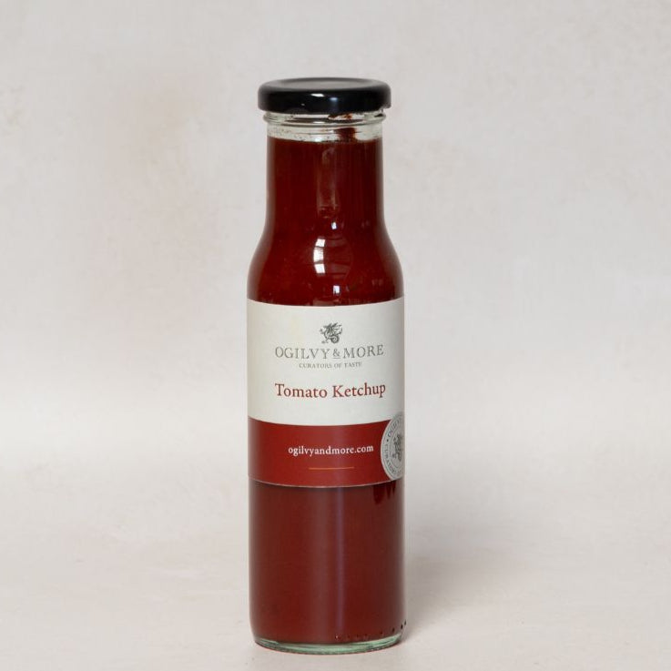 Bottle of Ogilvy& More tomato ketchup with a label on a white background