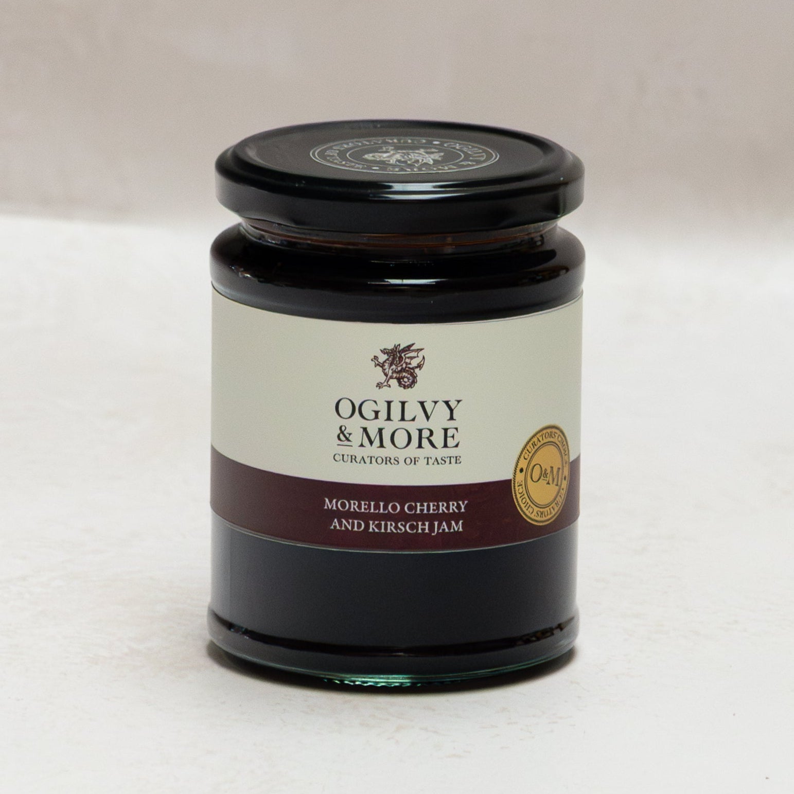 Jar of Ogilvy & More Morello Cherry and Kirsch Jam on a white background