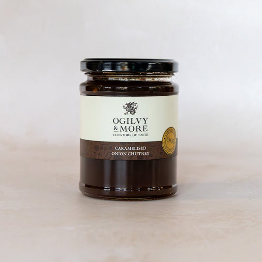 Jar of Ogilvy & More caramelised onion chutney on a white background