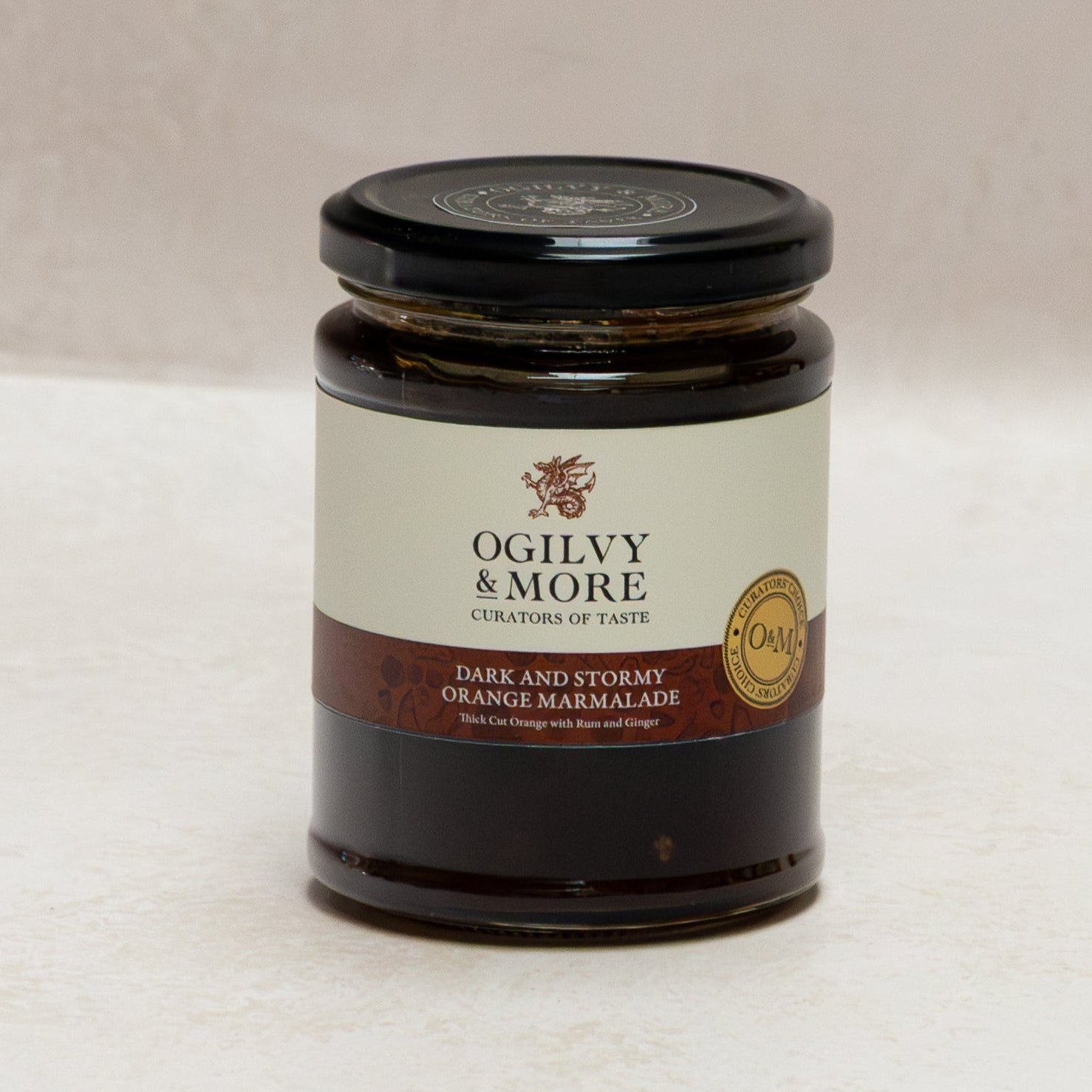 Jar of Ogilvy & More dark and stormy marmalade on a light background