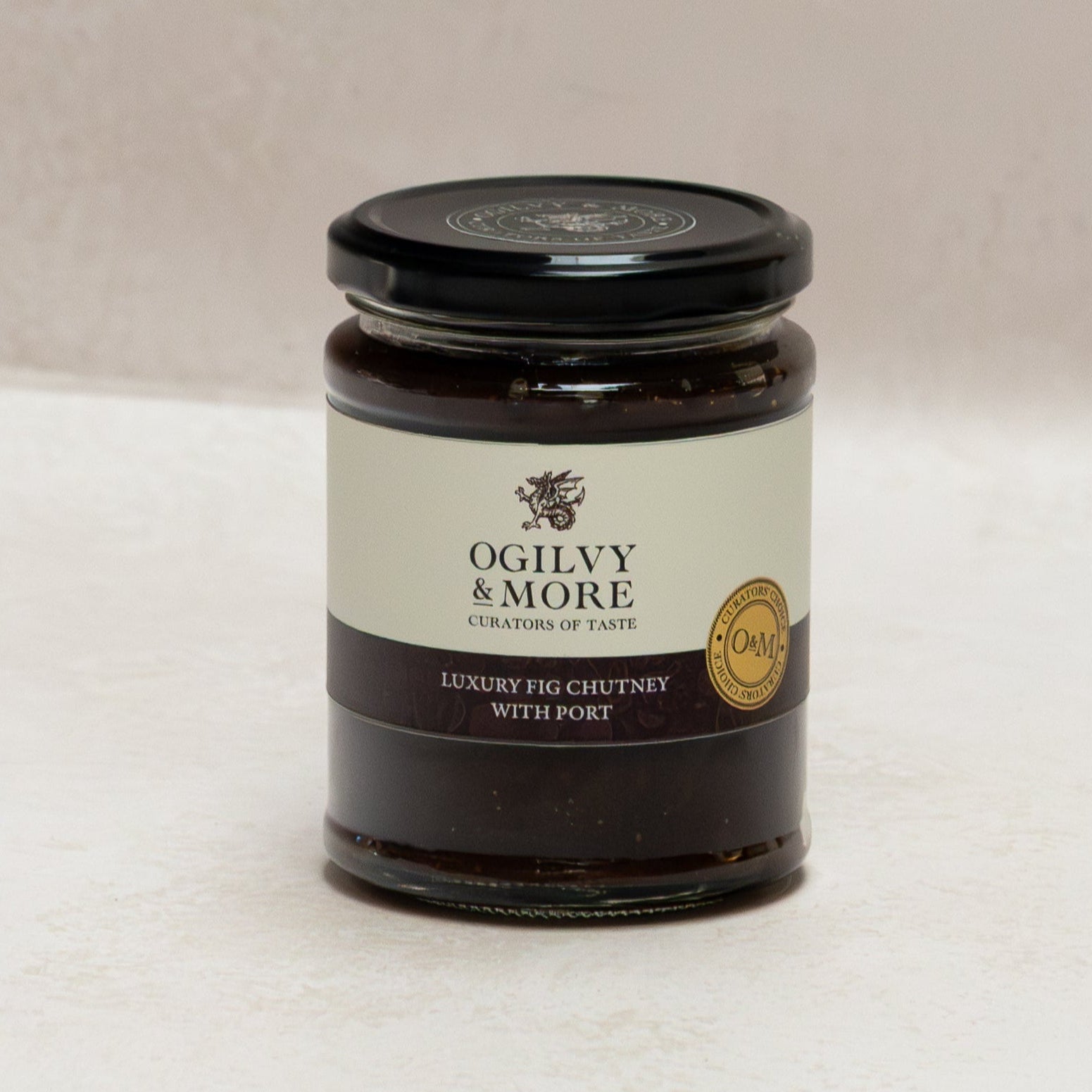 Jar of Ogilvy & More luxury fig chutney with port on a light background