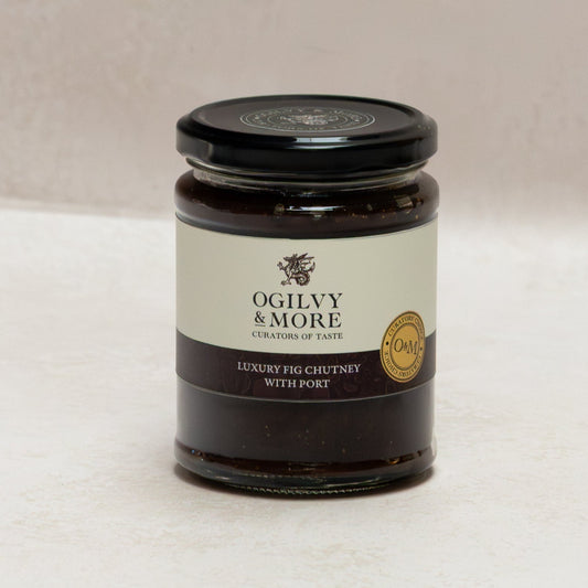 Jar of Ogilvy & More luxury fig chutney with port on a light background