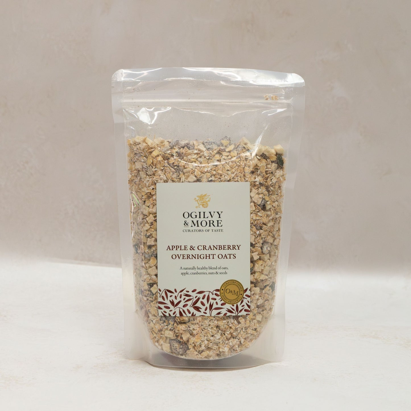 Package of Ogilvy & More Apple & Cranberry Overnight Oats on a white background