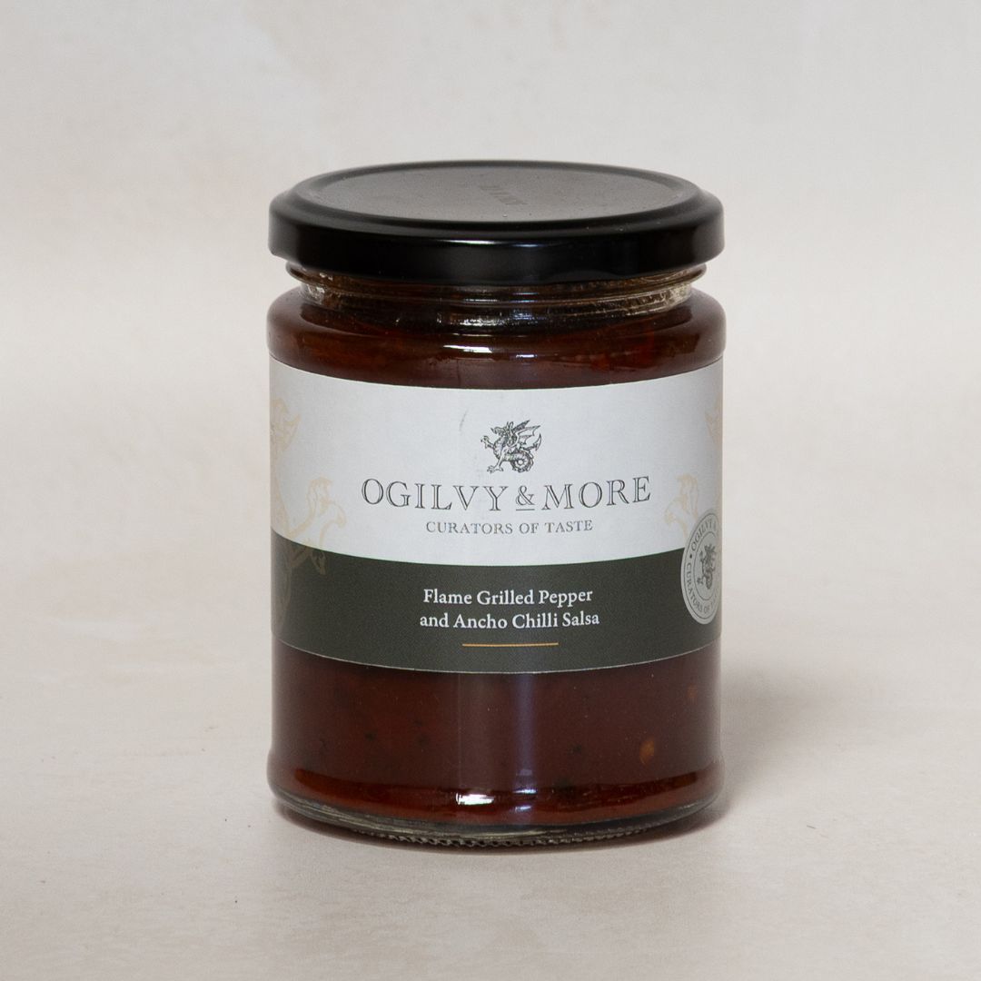 Jar of Ogilvy & More salsa on a light background