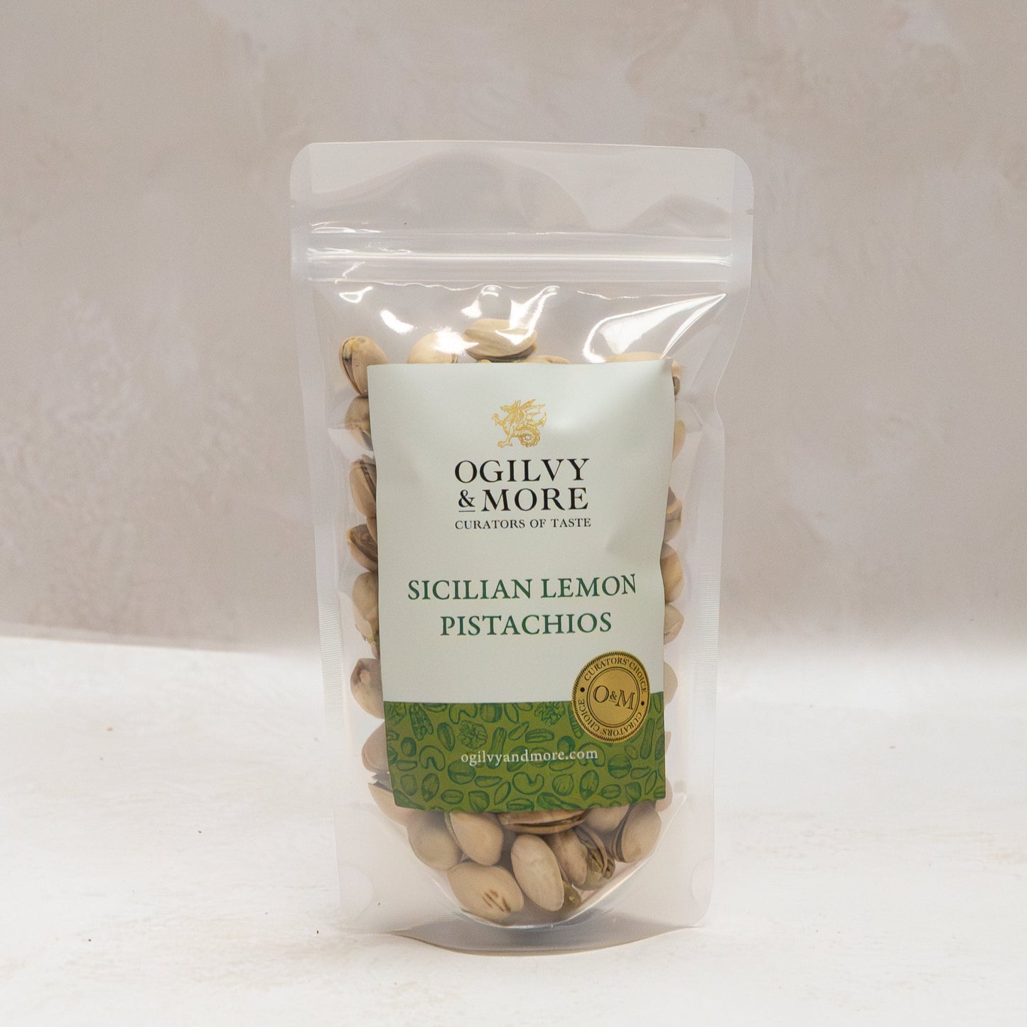 Ogilvy & More Sicilian Lemon Pistachios with a visible brand label on a neutral background