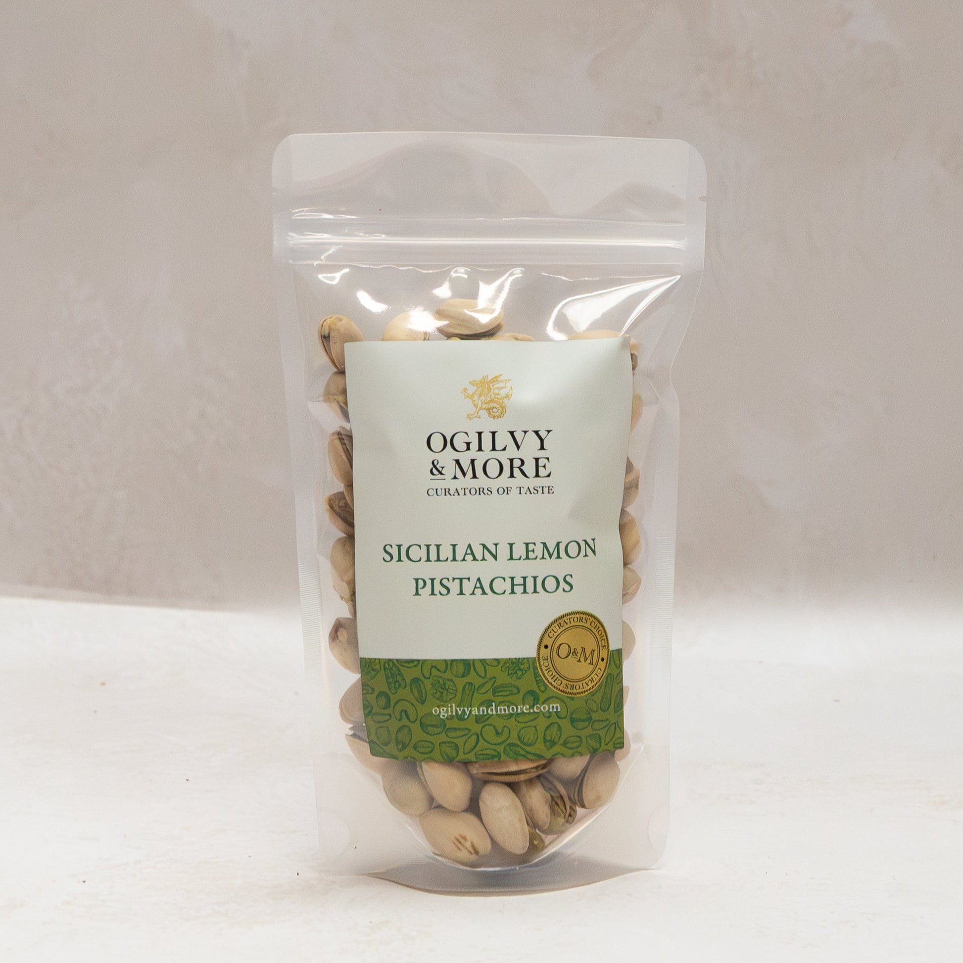 Ogilvy & More Sicilian Lemon Pistachios with a visible brand label on a neutral background