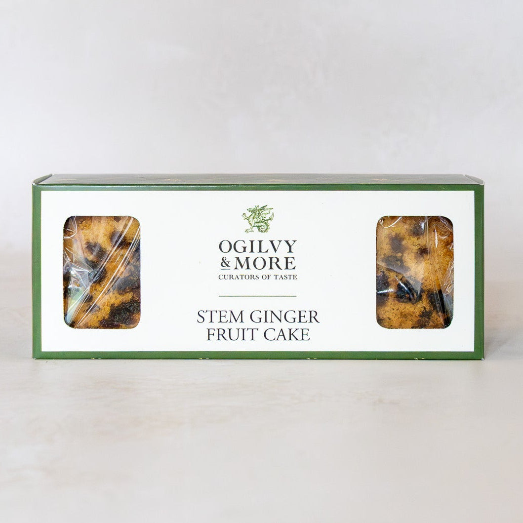 Box of Ogilvy & More Stem Ginger Fruit Cake on a white background