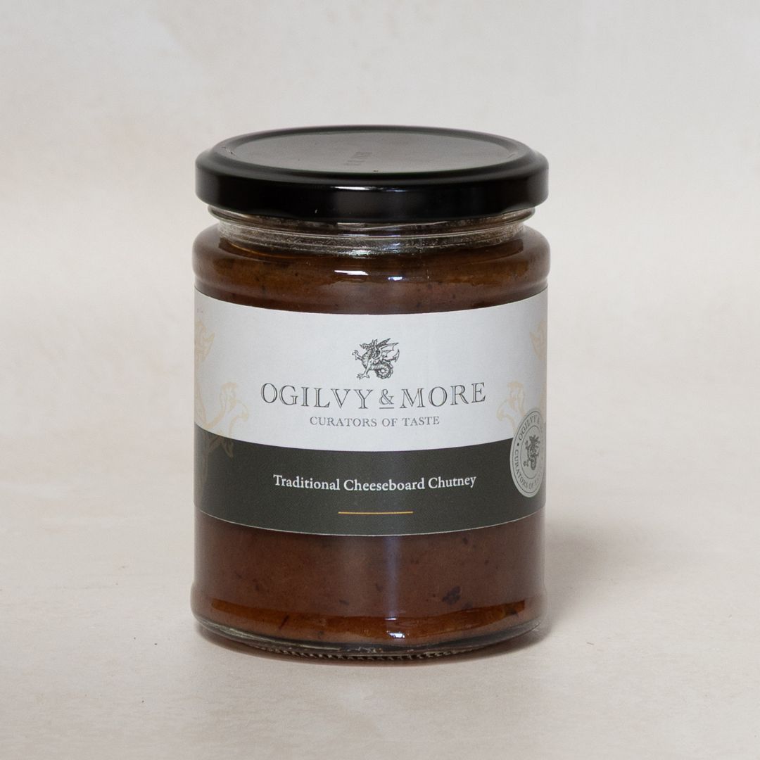 Jar of Ogilvy & More Traditional Cheeseboard Chutney on a light background. Just like granny used to make!