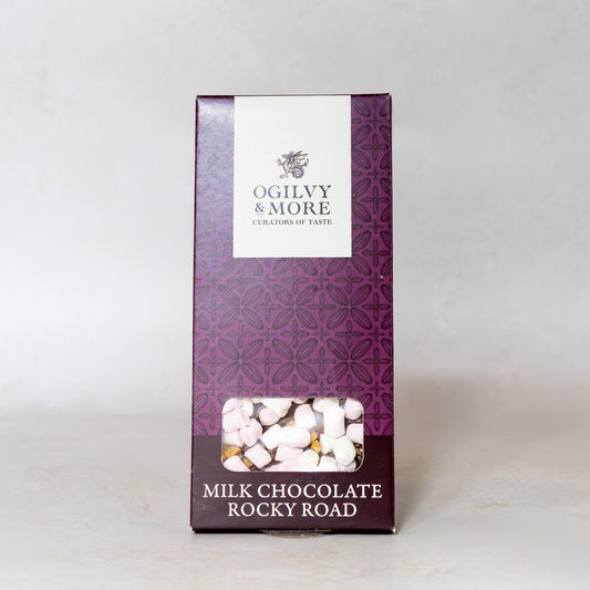 Box of milk chocolate rocky road with Ogilvy & More branding on a white background