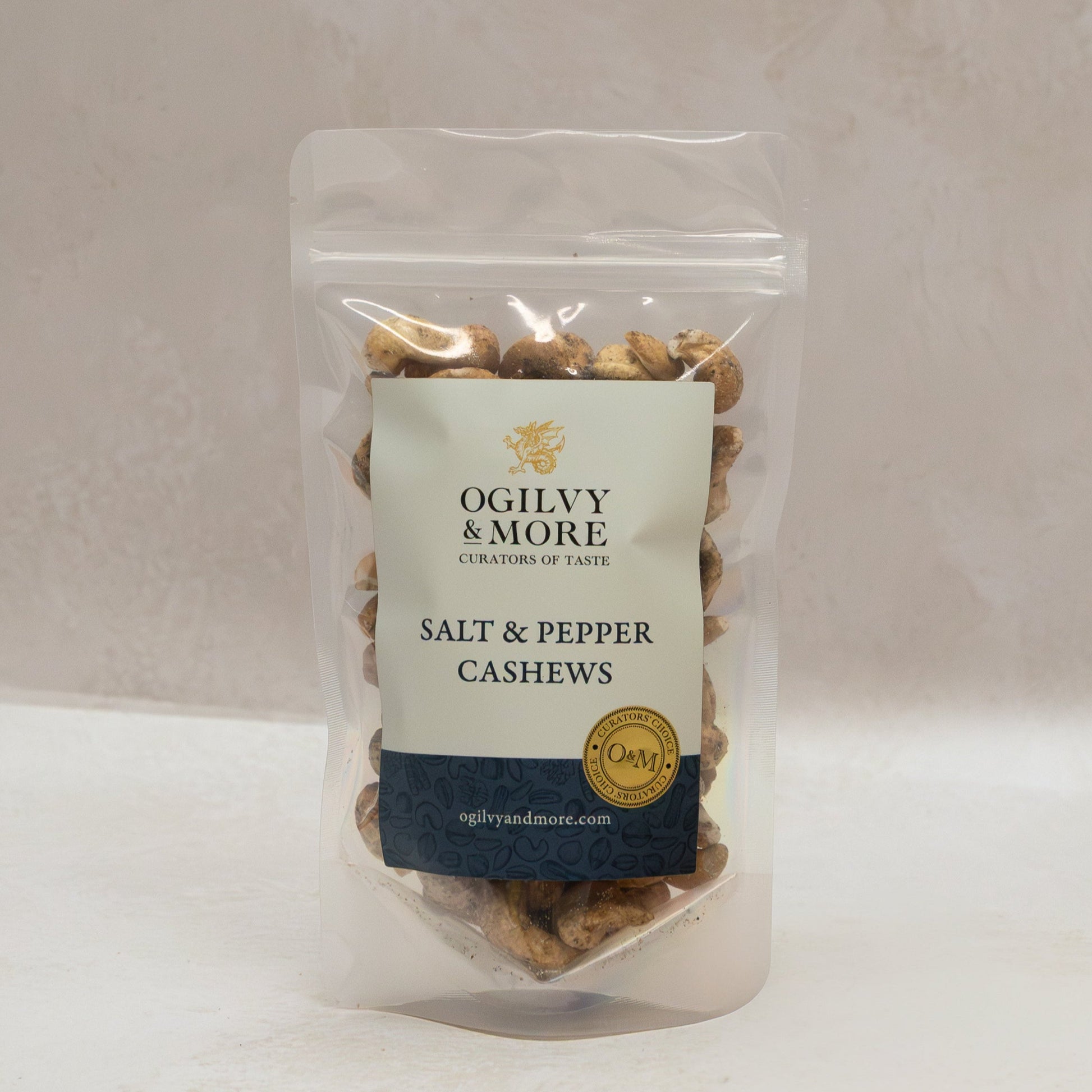 Ogilvy & More salt and pepper cashews with a visible brand label on a neutral background