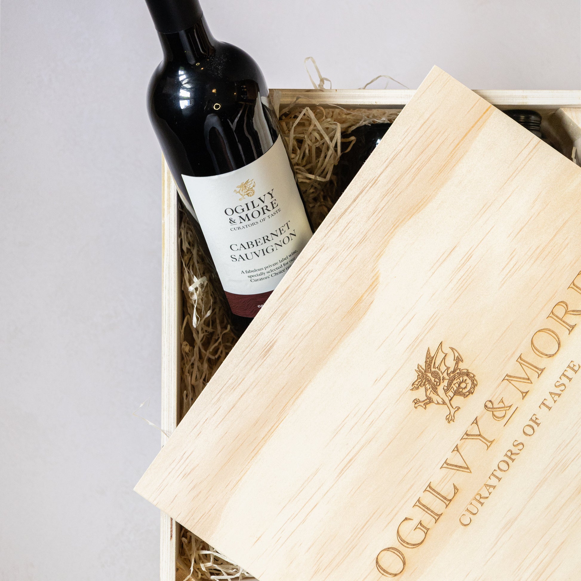 Ogilvy and More Cabernet Sauvignon wine bottle in a wooden box