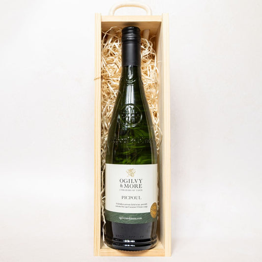 Bottle of Ogilvy & More Picpoul in a Smart wooden gift box
