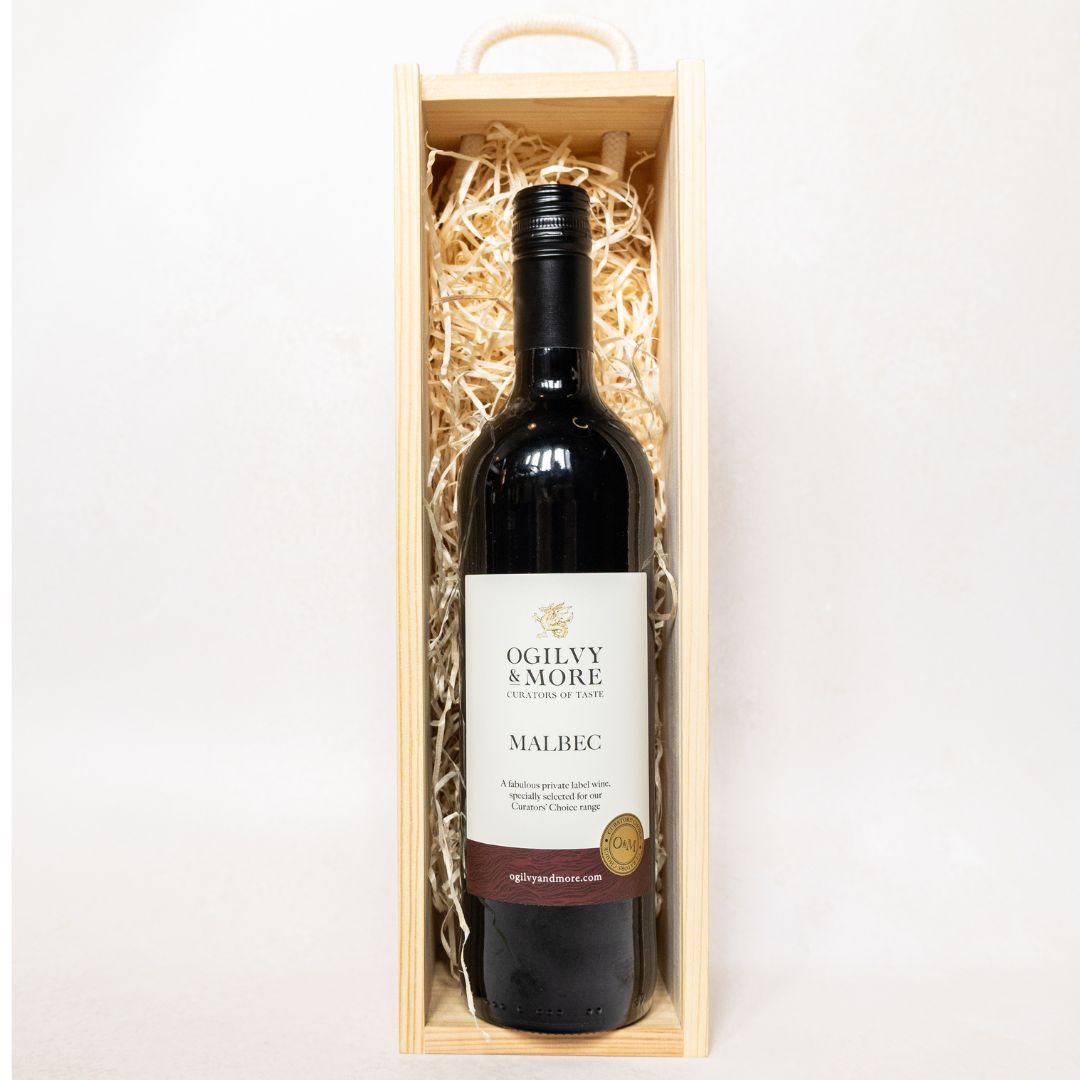 Bottle of Ogilvy & More Malbec wine in a smart wooden gift box 
