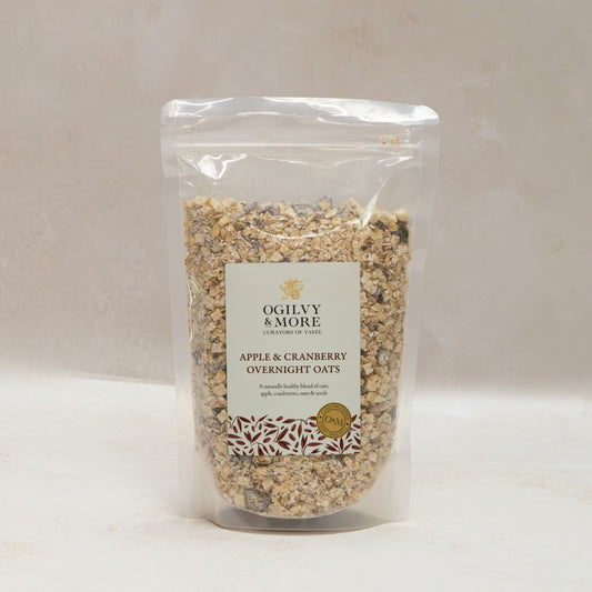 Package of Ogilvy & More Apple & Cranberry Overnight Oats on a white background