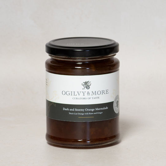 Jar of Ogilvy & More Dark and Stormy Marmalade on a white background