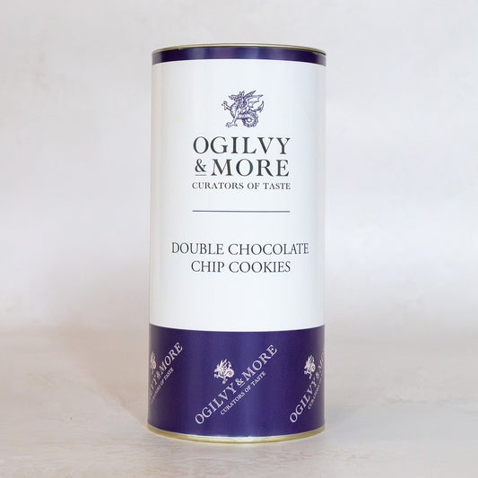 Tube of Ogilvy & More Double Chocolate Chip Cookies on a light background
