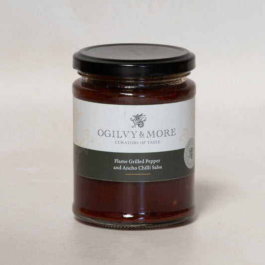 Jar of Ogilvy & More salsa on a light background