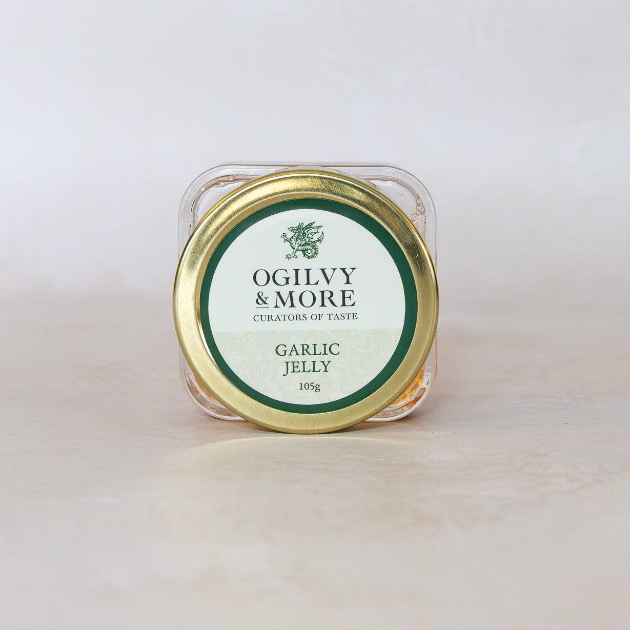 Jar of Ogilvy & More Garlic Jelly on a white background