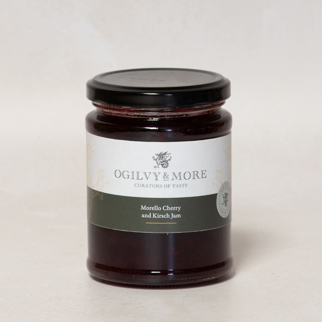 Jar of Ogilvy & More Morello Cherry and Kirsch Jam on a light background