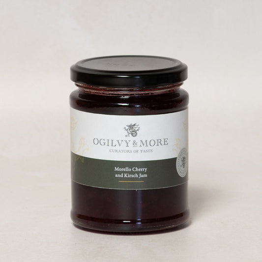 Jar of Ogilvy & More Morello Cherry and Kirsch Jam on a light background