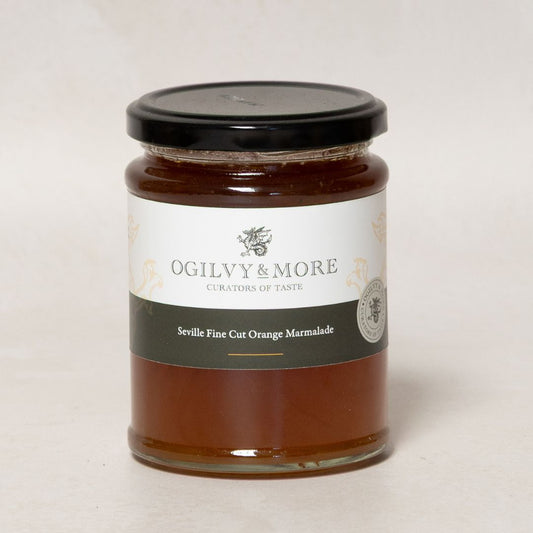 Jar of Ogilvy & More Seville Fine Cut Orange Marmalade on a white background