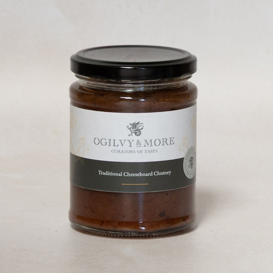 Jar of Ogilvy & More Traditional Cheeseboard Chutney on a light background. Just like granny used to make!