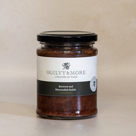 Jar of Ogilvy & More beetroot and horse radish relish on a beige background