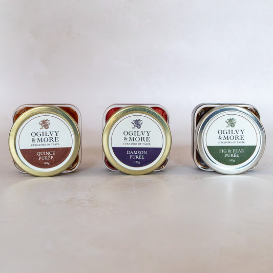 Three jars of Ogilvy & More purees on a light background