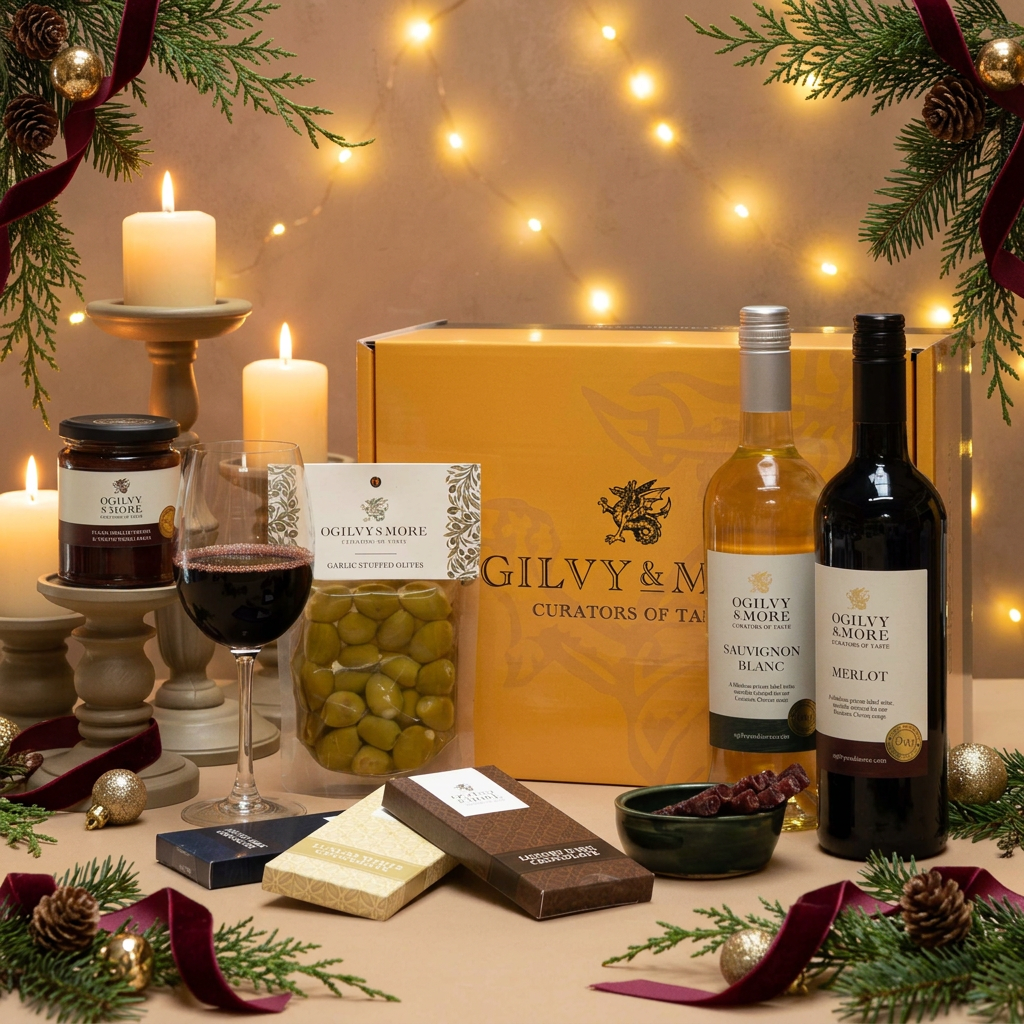 Wine, Nibbles and Chocolate Hamper Christmas version