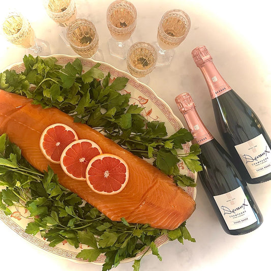Whole Side of Smoked Salmon and Two Bottles of Devaux Cuvee Rosée Champagne N.V.