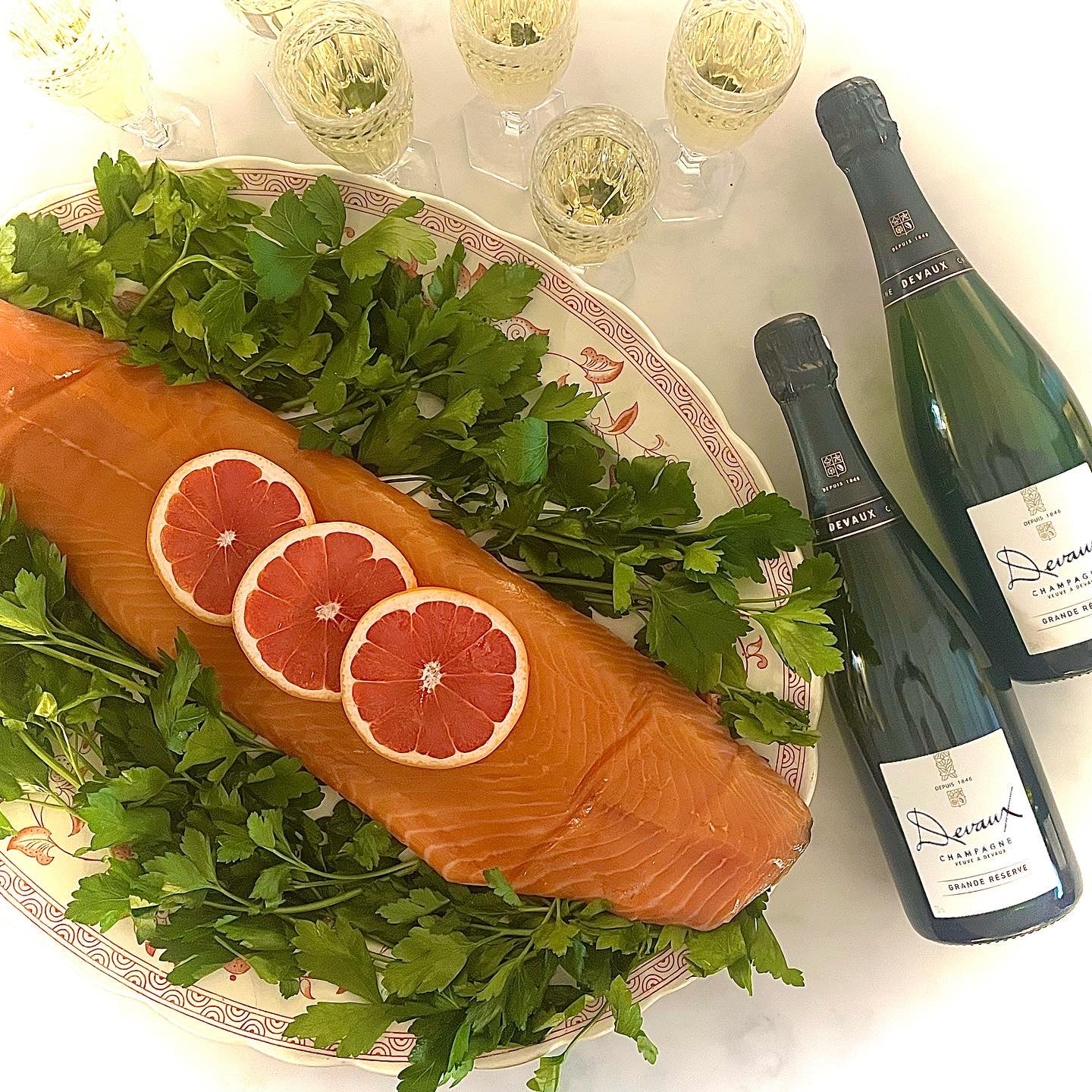 Whole Side of Smoked Salmon and Two Bottles of Devaux Grande Reserve Blanc de Blancs Champagne