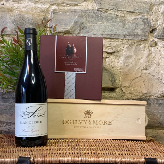 Plan de Dieu in O&M Wooden Box and Rabitos Royale Dark Chocolate Figs