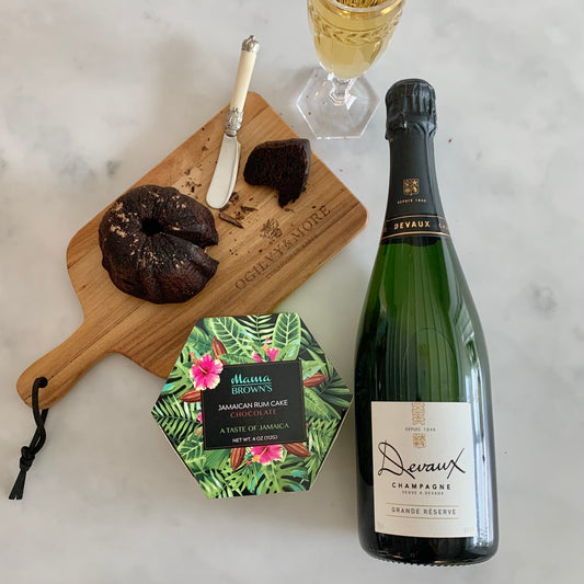 Devaux Champagne, Jamaican Chocolate Rum Cake and  O&M Board